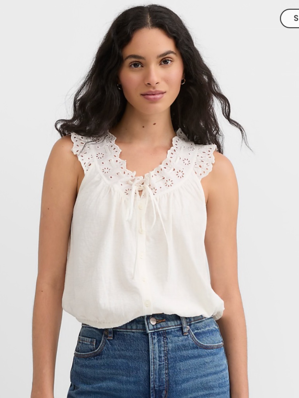 Loft Eyelet Ruffle Tie Neck Button Top - Picture 2 of 11